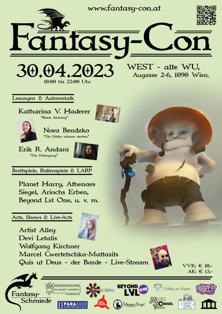 Fantasy Con 2023 in der alten WU am 30. April. Artists, Brett- und Rollenspiele, Lesungen, Tanz und Kulinarisches.